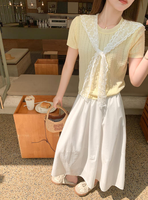 <曾小咸推荐>蕾丝披肩黄色短袖针织T恤 商品图6