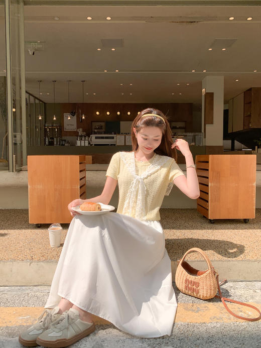 <曾小咸推荐>蕾丝披肩黄色短袖针织T恤 商品图5