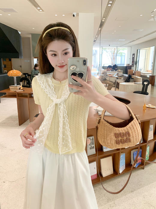 <曾小咸推荐>蕾丝披肩黄色短袖针织T恤 商品图9