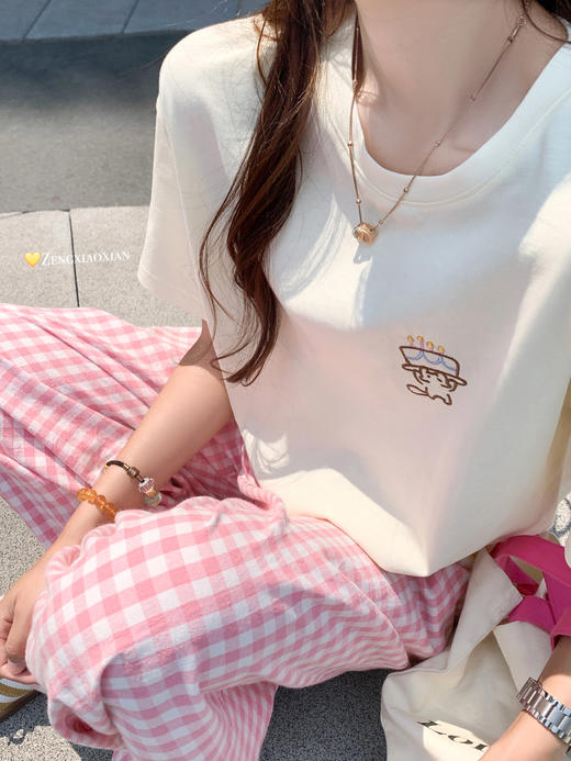 <曾小咸推荐>慵懒休闲奶黄色后背印花短袖T恤 商品图5