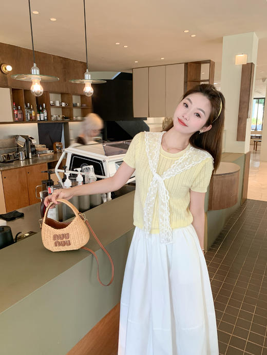 <曾小咸推荐>蕾丝披肩黄色短袖针织T恤 商品图10