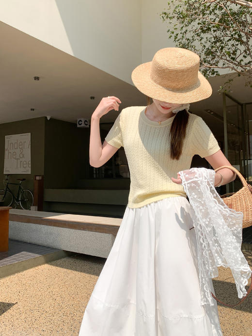 <曾小咸推荐>蕾丝披肩黄色短袖针织T恤 商品图8