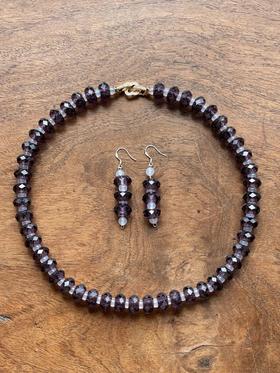 紫晶菱格面扁珠项链与银钩耳坠套组，顺丰包邮