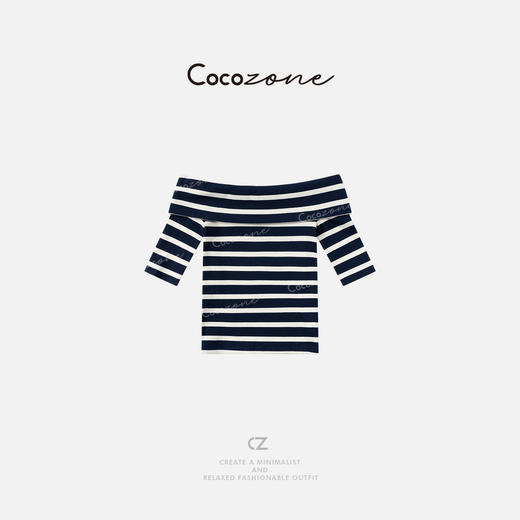 COCO ZONE 刘一一  法式条纹一字肩气质短袖T恤ACD2A0181 商品图1
