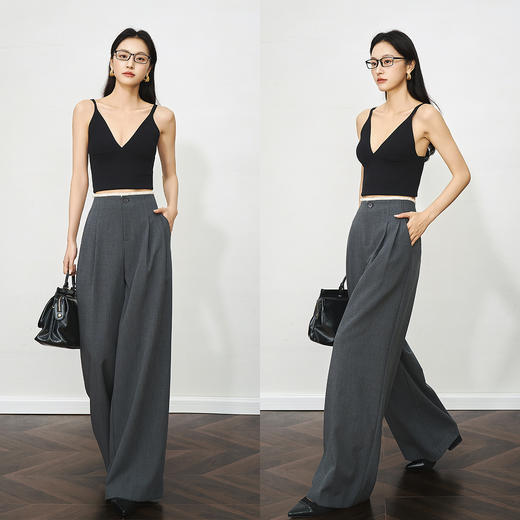 OLrain欧芮儿灰色通勤撞色木耳边直筒西装长裤女夏季2025新款裤子 商品图2