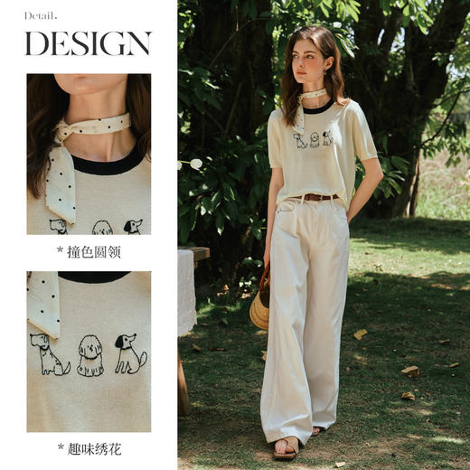 OLrain欧芮儿趣味绣花图案毛针织套头衫女夏季2025年新款短袖上衣 商品图1