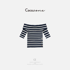COCO ZONE 刘一一  法式条纹一字肩气质短袖T恤ACD2A0181
