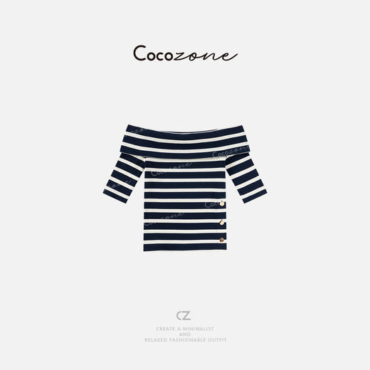COCO ZONE 刘一一  法式条纹一字肩气质短袖T恤ACD2A0181 商品图0