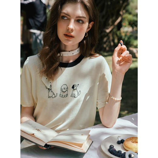 OLrain欧芮儿趣味绣花图案毛针织套头衫女夏季2025年新款短袖上衣 商品图2