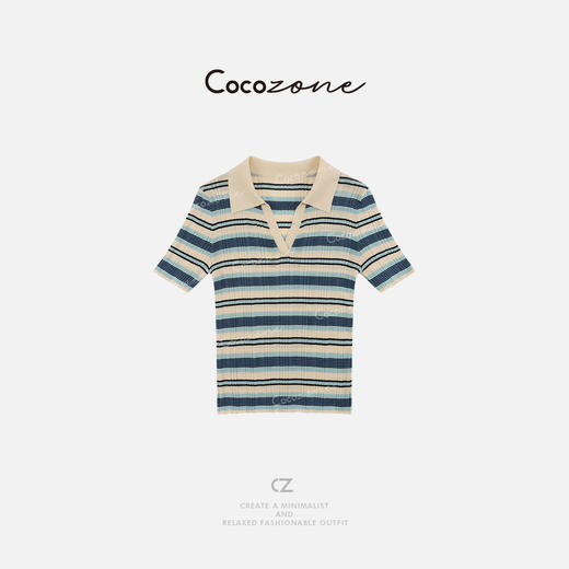 COCO ZONE 刘一一 【醋酸丝棉混纺】条纹短袖毛织上衣 CD2A1202 商品图0