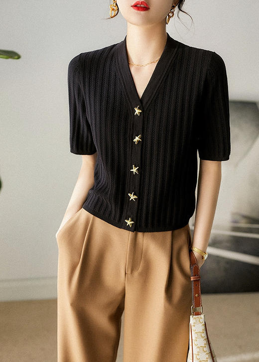 精致海星纽扣显瘦V领冰麻针织衫 商品图2