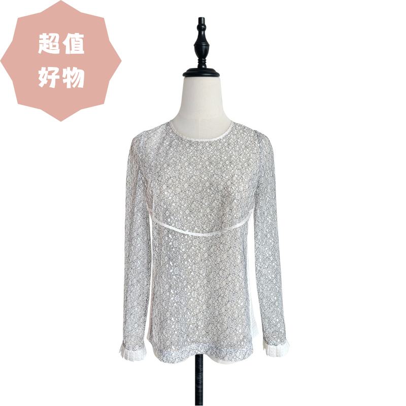 TYNVIE 褶皱袖口镶边花型蕾丝透视长袖上衣-白色