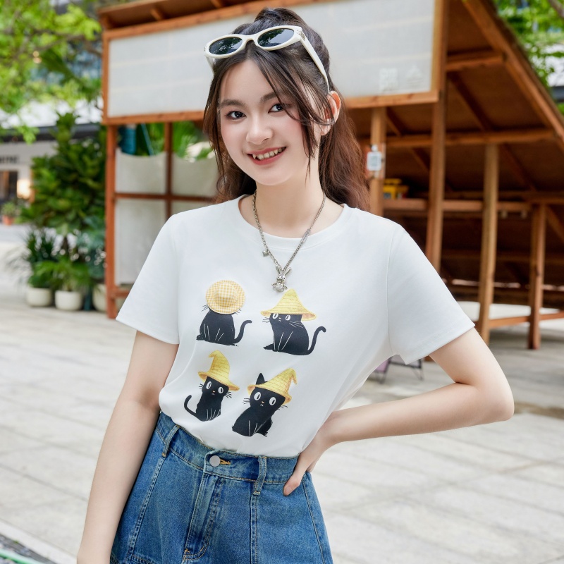 【微胖定制】 IEF/爱依服2025大码女装夏季 韩版小众猫咪印花T恤女DP2058-X-