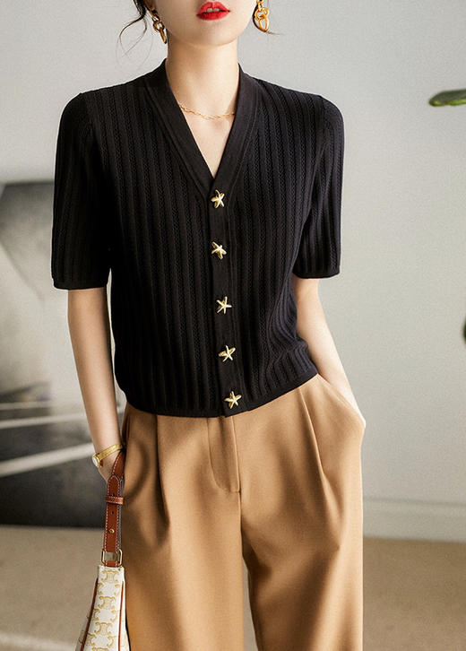 精致海星纽扣显瘦V领冰麻针织衫 商品图3