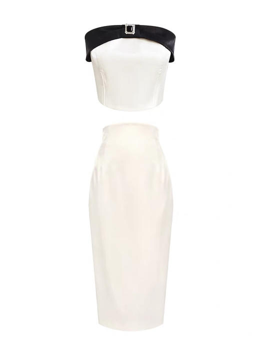 杏色鱼骨修身蝴蝶结撞色抹胸上衣 商品图1