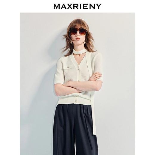 MAXRIENY精致千金风宽松v领飘带毛针织衫25夏款高级气质感上衣女(货号:MF86JA254) 商品图2