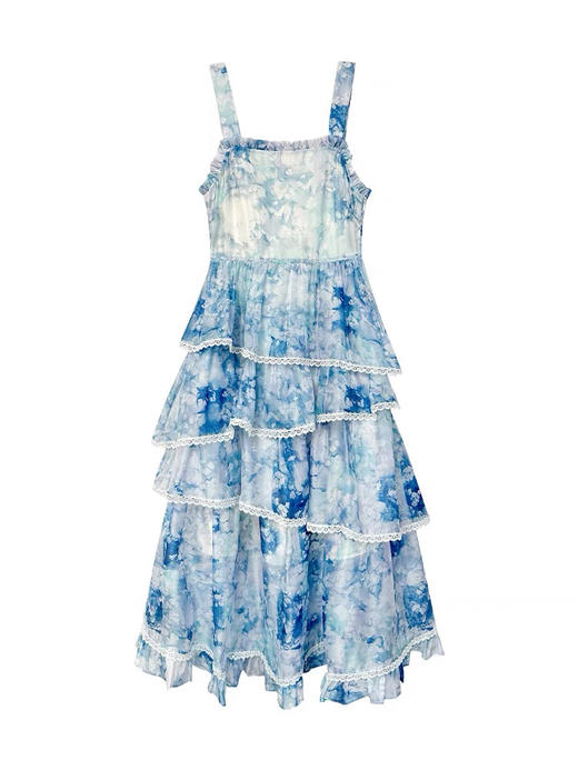 蓝色波浪印花吊带背心层叠荷叶边连衣裙 商品图3