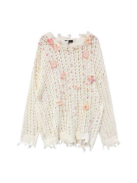 白色镂空针织串纱花朵点缀长款针织衫