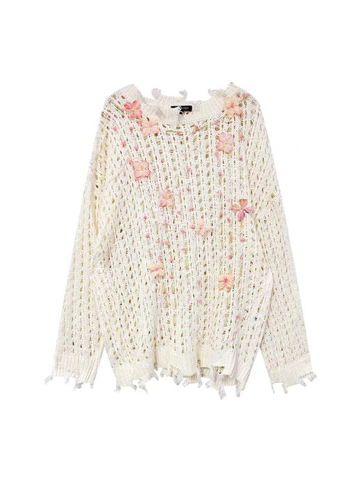白色镂空针织串纱花朵点缀长款针织衫 商品图0