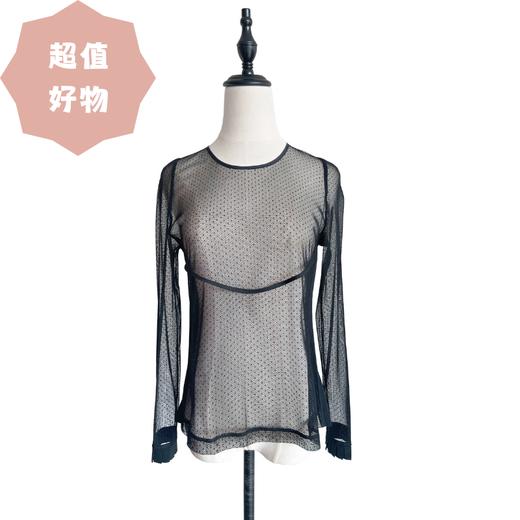 TYNVIE 褶皱袖口镶边花型蕾丝透视长袖上衣-黑色 商品图0