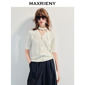 MAXRIENY精致千金风宽松v领飘带毛针织衫25夏款高级气质感上衣女(货号:MF86JA254)