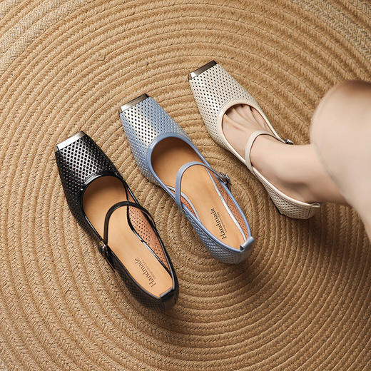 【预售5天】头层牛皮方头粗跟高跟鞋真皮浅口金属头镂空一字带单鞋玛丽珍鞋女LD&7336 商品图1