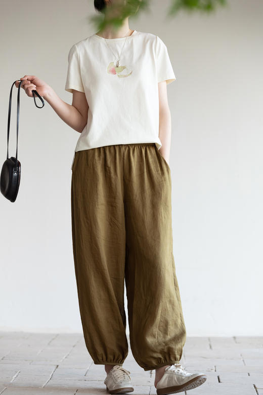 牧衣游原创 净色苎麻裤子轻薄通透清凉舒适文艺宽松休闲裤 玫花 商品图5