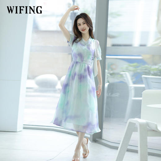 未风雪纺印花渐变连衣裙女夏2025夏季新款气质泡泡袖减龄显瘦裙子 商品图0