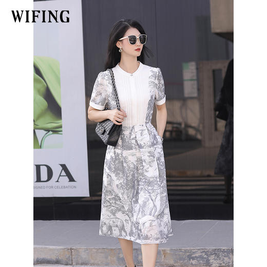 未风印花高腰显瘦连衣裙女夏2025年夏季新款女装气质法式圆领裙子 商品图0