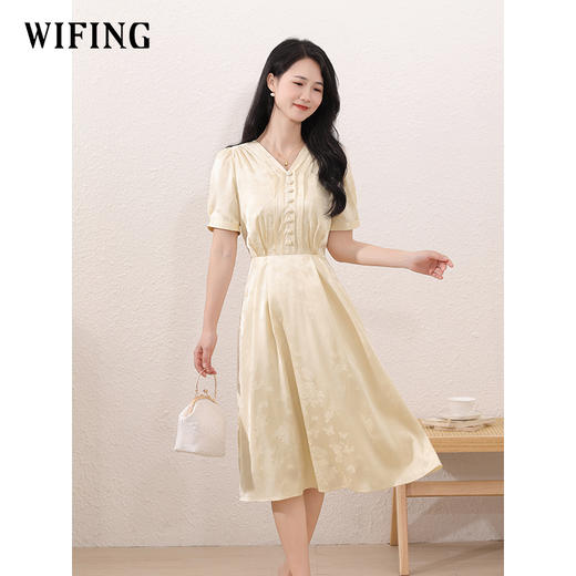 未风杏色泡泡袖连衣裙女夏2025新款夏季女装时尚简约显瘦短袖裙子 商品图0