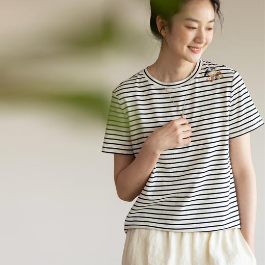 牧衣游原创条纹纯棉T恤女夏轻薄舒适经典新品休闲百搭短袖 小桃夭 商品图0