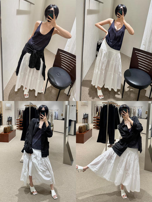 HIDEMI 极简设计感压褶拼接显瘦伞状牵牛花半身裙 格纹/自然白 商品图1