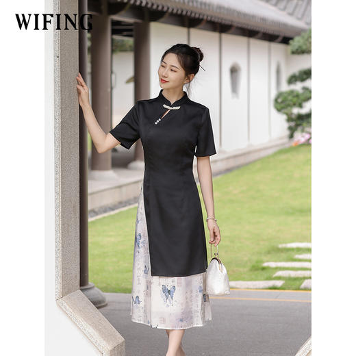未风黑色改良旗袍连衣裙女2025新款夏季新中式假两件国风显瘦裙子 商品图3
