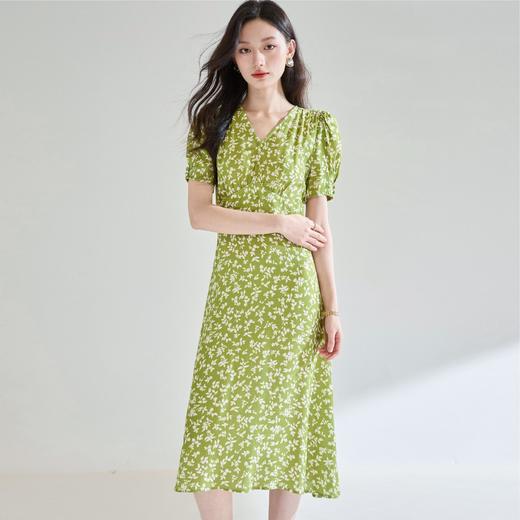 「高货sh」全新升级【铂金会员293/天猫399/差价106】(05046)洛诗琳夏季牛油果绿碎花茶歇裙2025收腰显瘦V领碎花连衣裙 商品图2