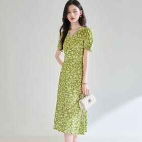 「高货sh」全新升级【铂金会员293/天猫399/差价106】(05046)洛诗琳夏季牛油果绿碎花茶歇裙2025收腰显瘦V领碎花连衣裙