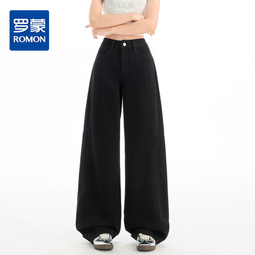 罗蒙四季款女士牛仔裤高腰宽松显瘦休闲通勤长裤舒适直筒阔腿裤 商品图0