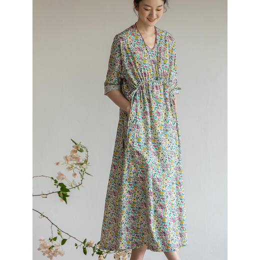 牧衣游原创 小碎花纯棉连衣裙夏日轻薄设计感文艺气质碎花裙 竹青 商品图3