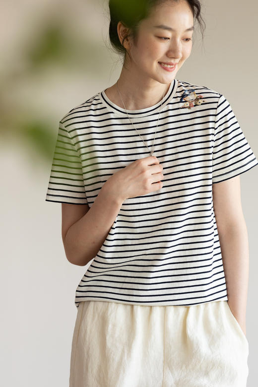 牧衣游原创条纹纯棉T恤女夏轻薄舒适经典新品休闲百搭短袖 小桃夭 商品图5
