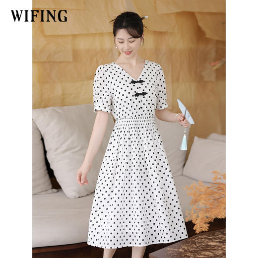未风白色棉布新中式波点连衣裙女夏2025新款夏季气质收腰遮肚裙子 商品图3