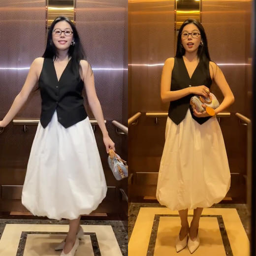 HIDEMI极简设计感压褶花苞甄选长绒棉纸感蓬蓬半身裙 黑色/自然白 商品图2