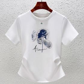 「自」全新升级【铂金会员109/天猫139/差价30】(10857)洛诗琳时尚圆领国风印花正肩T恤2025夏季新款掐腰显瘦上衣女