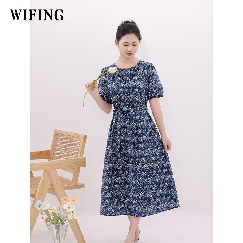 未风蓝色纯棉碎花连衣裙女夏2025新款夏季女装气质泡泡袖收腰裙子