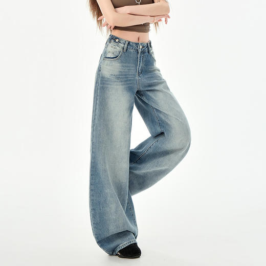 罗蒙女士高腰百搭阔腿牛仔裤女春夏浅蓝复古宽松显瘦时尚百搭直筒裤子 商品图1