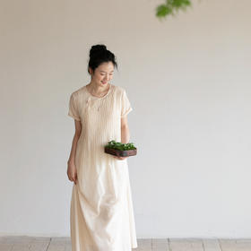 牧衣游原创100支精细纯棉打条连衣裙轻薄复古新中式改良旗袍 三夏