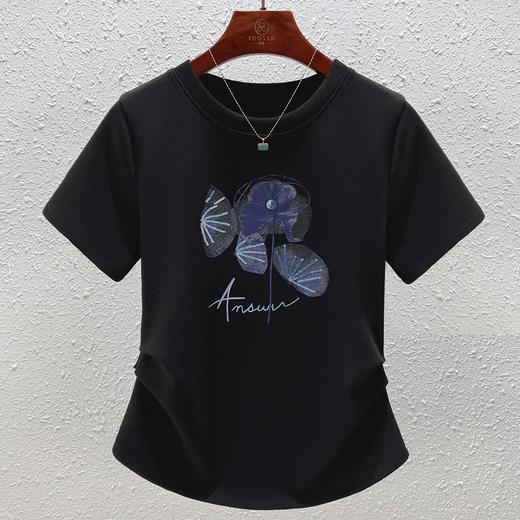 「自」全新升级【铂金会员109/天猫139/差价30】(10857)洛诗琳时尚圆领国风印花正肩T恤2025夏季新款掐腰显瘦上衣女 商品图1