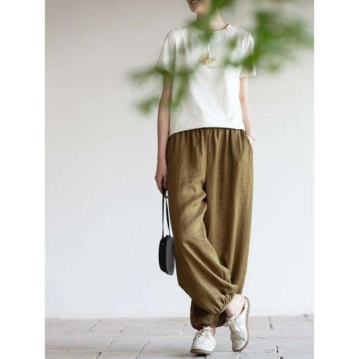 牧衣游原创 净色苎麻裤子轻薄通透清凉舒适文艺宽松休闲裤 玫花 商品图2