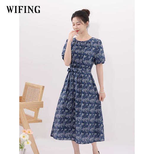 未风蓝色纯棉碎花连衣裙女夏2025新款夏季女装气质泡泡袖收腰裙子 商品图2