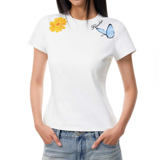 FDR官方店 花朵与蝴蝶印花短袖t恤女夏季辣妹潮牌修身体恤上衣 商品图3
