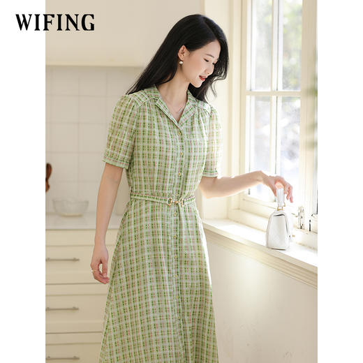 未风绿色格子西装领连衣裙女夏2025年夏季新款气质小个子显高裙子 商品图1