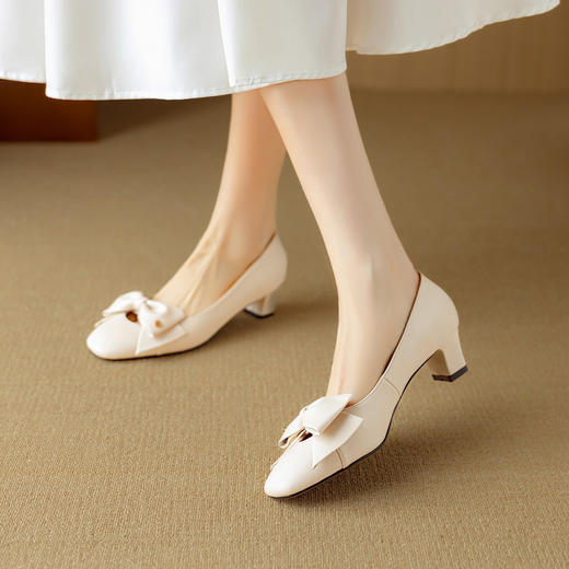 【预售5天】法式蝴蝶结浅口粗跟单鞋，配裙子真皮高跟鞋NJMK&K1313 商品图3